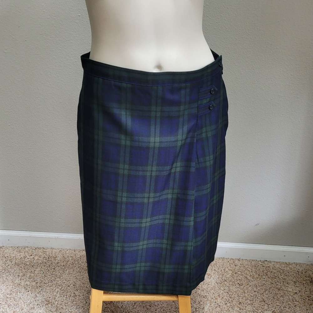 Lands End Uniform Plaid Skirt Navy Green Tartan 10 Knee length